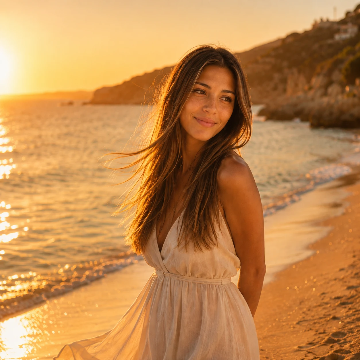 Sophie Del Mar on a Mediterranean beach at sunset